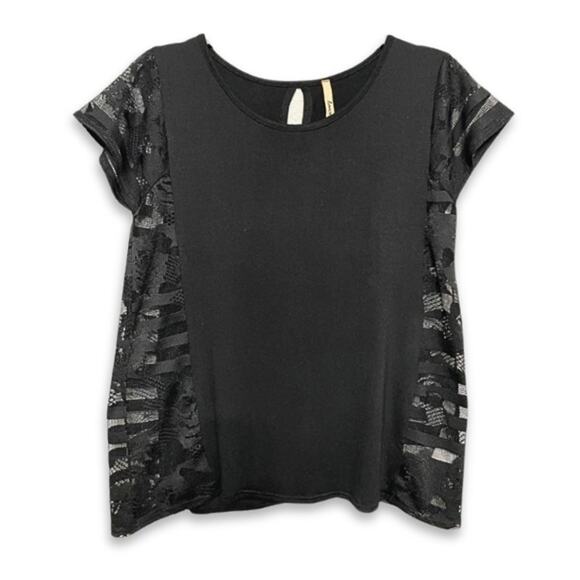 Love Marks Blouse Short Sleeves Stretch Knitted Fabric Sheer Detailing Black W S - Picture 1 of 8